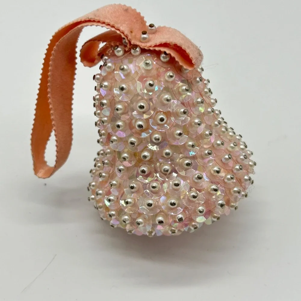 Vintage Beaded Sequins Push Pin Christmas Ornament Pink Bell Purple Ornate Set 2